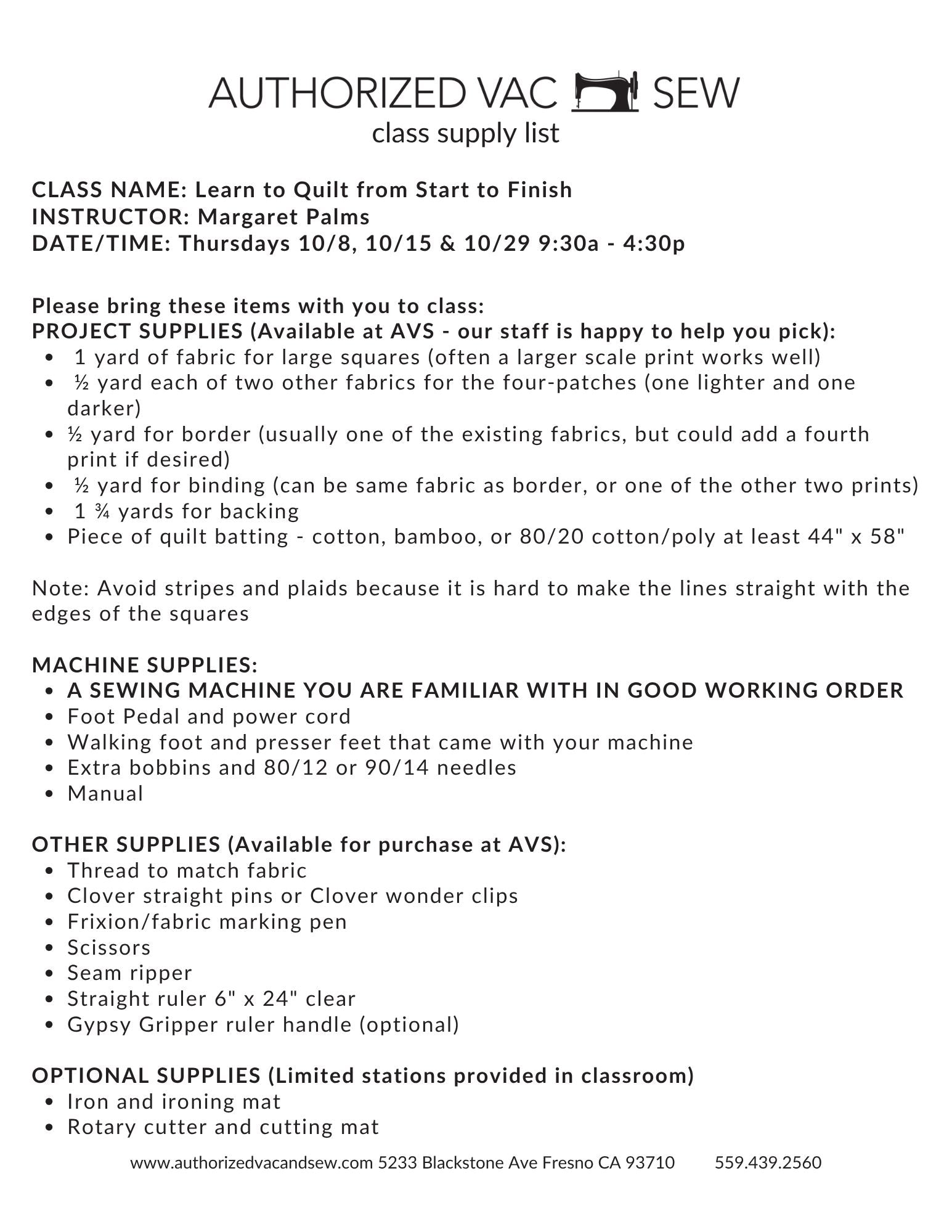 Learn to Quilt from Start to Finish 10/8/26, 10/15/26 and 10/29/26 9:30a - 4:30p