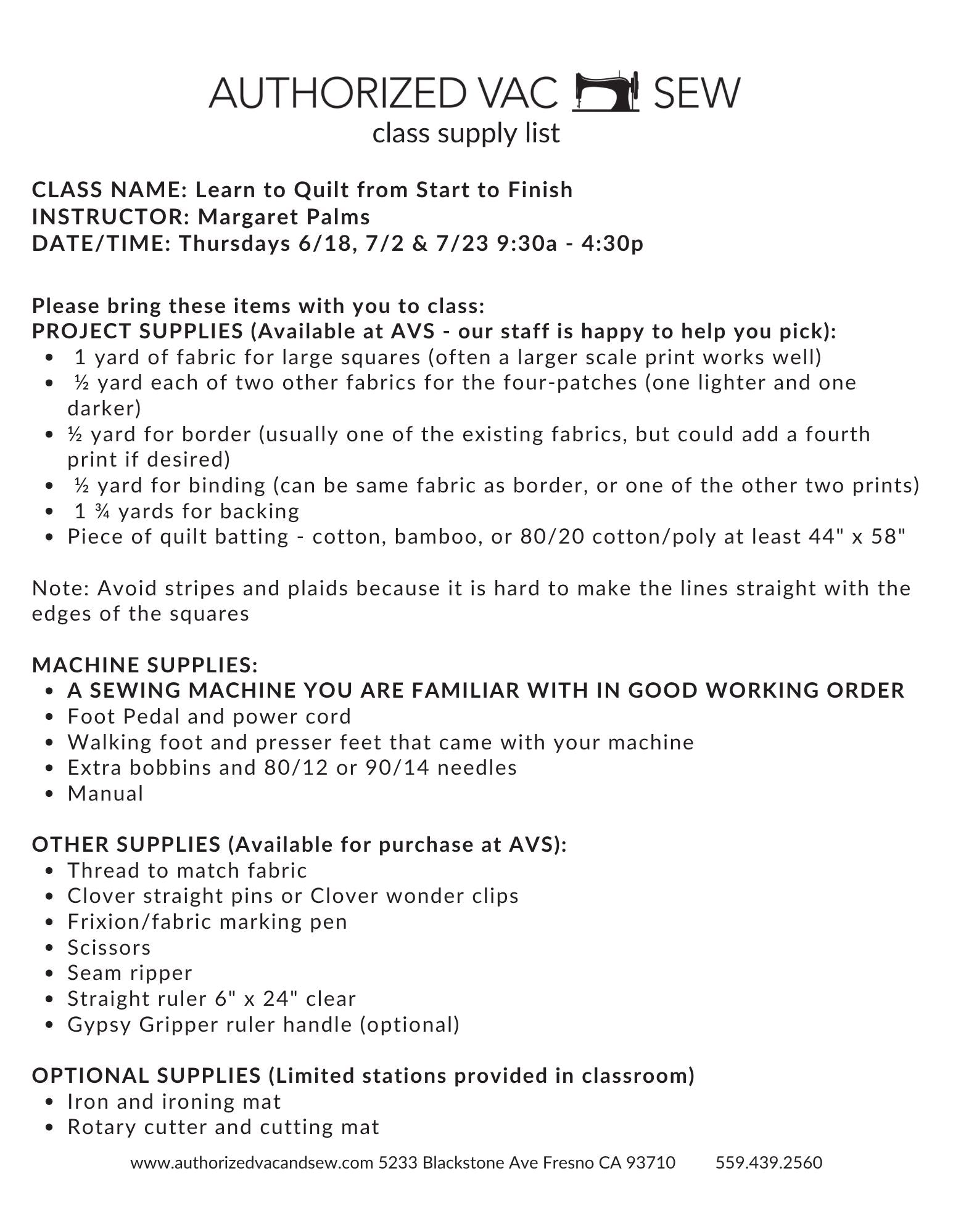 Learn to Quilt from Start to Finish 6/18/26, 7/2/26 and 7/23/26 9:30a - 4:30p