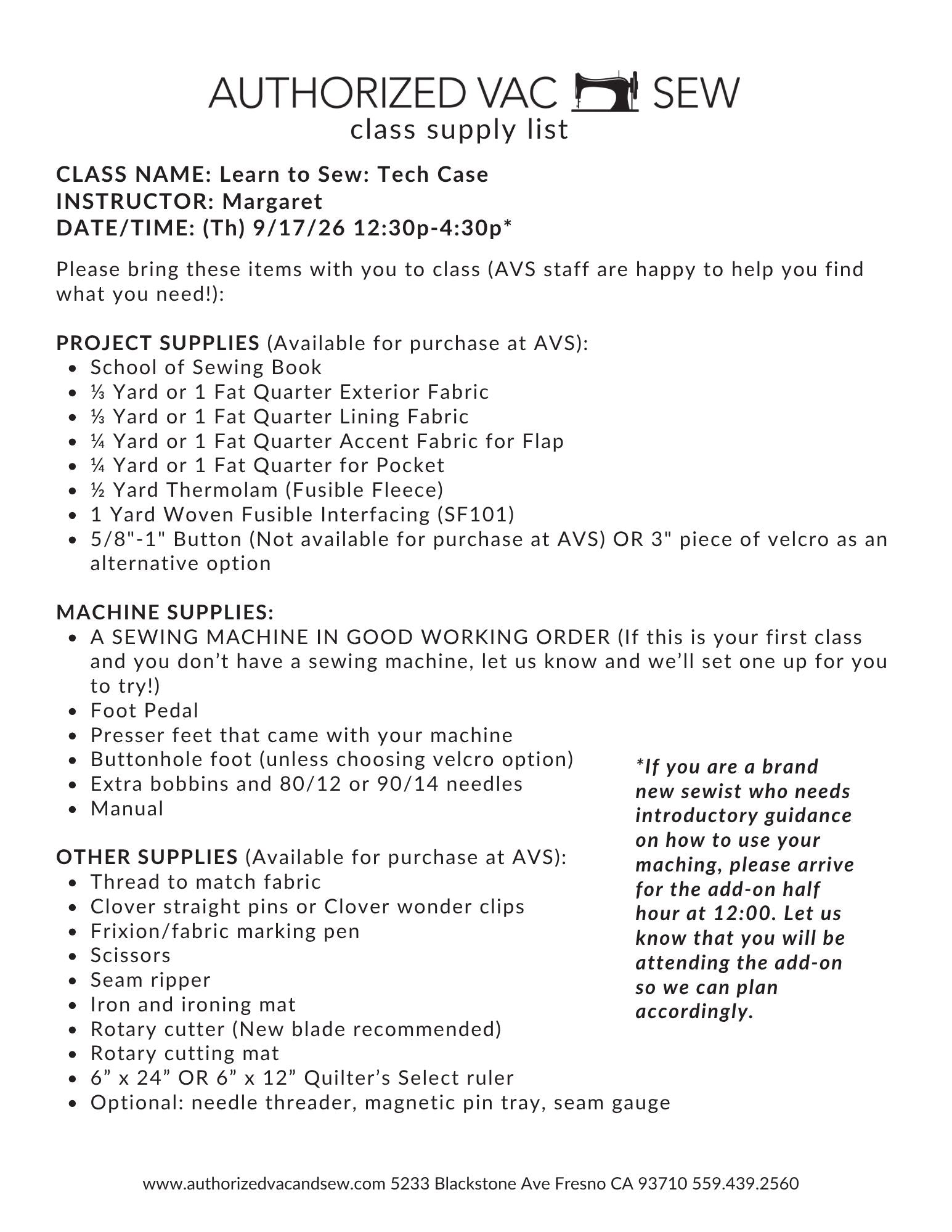 Learn to Sew: Tech Case 9/17/26 12:30p - 4:30p