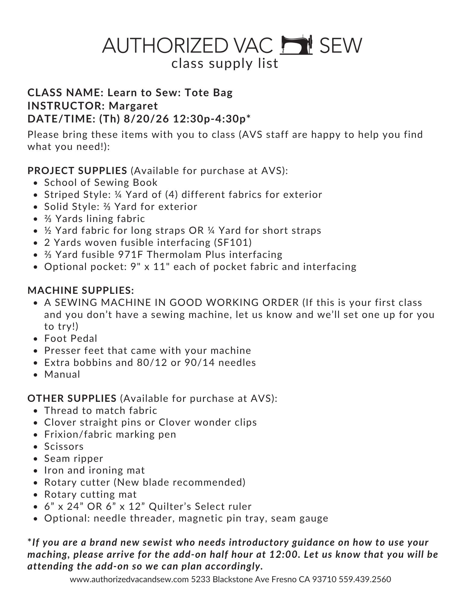 Learn to Sew: Tote Bag 8/20/26 12:30p - 4:30p