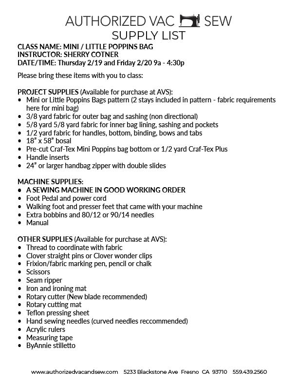 Mini / Little Poppins Bag 2/19/26 and 2/20/26 9am-4:30pm