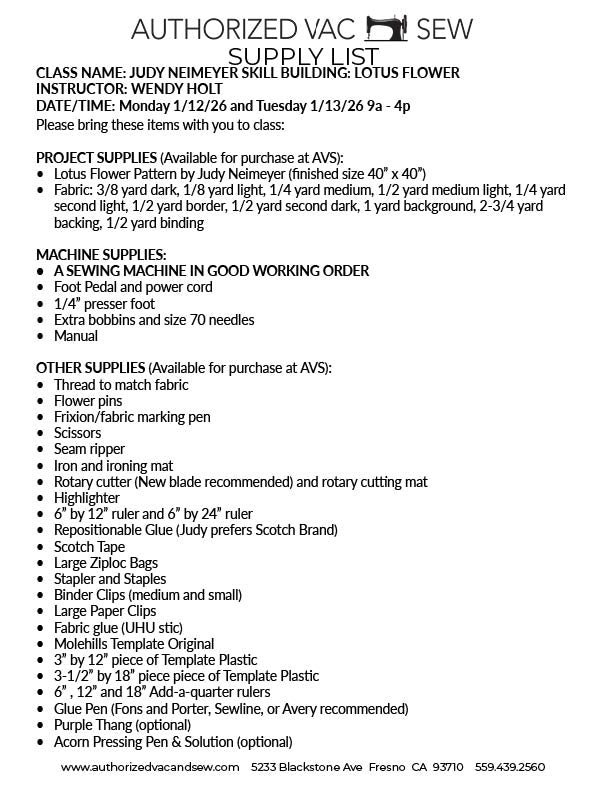 Judy Neimeyer Skill Building: Lotus Flower 1/12/26 and 1/13/26 9a - 4p