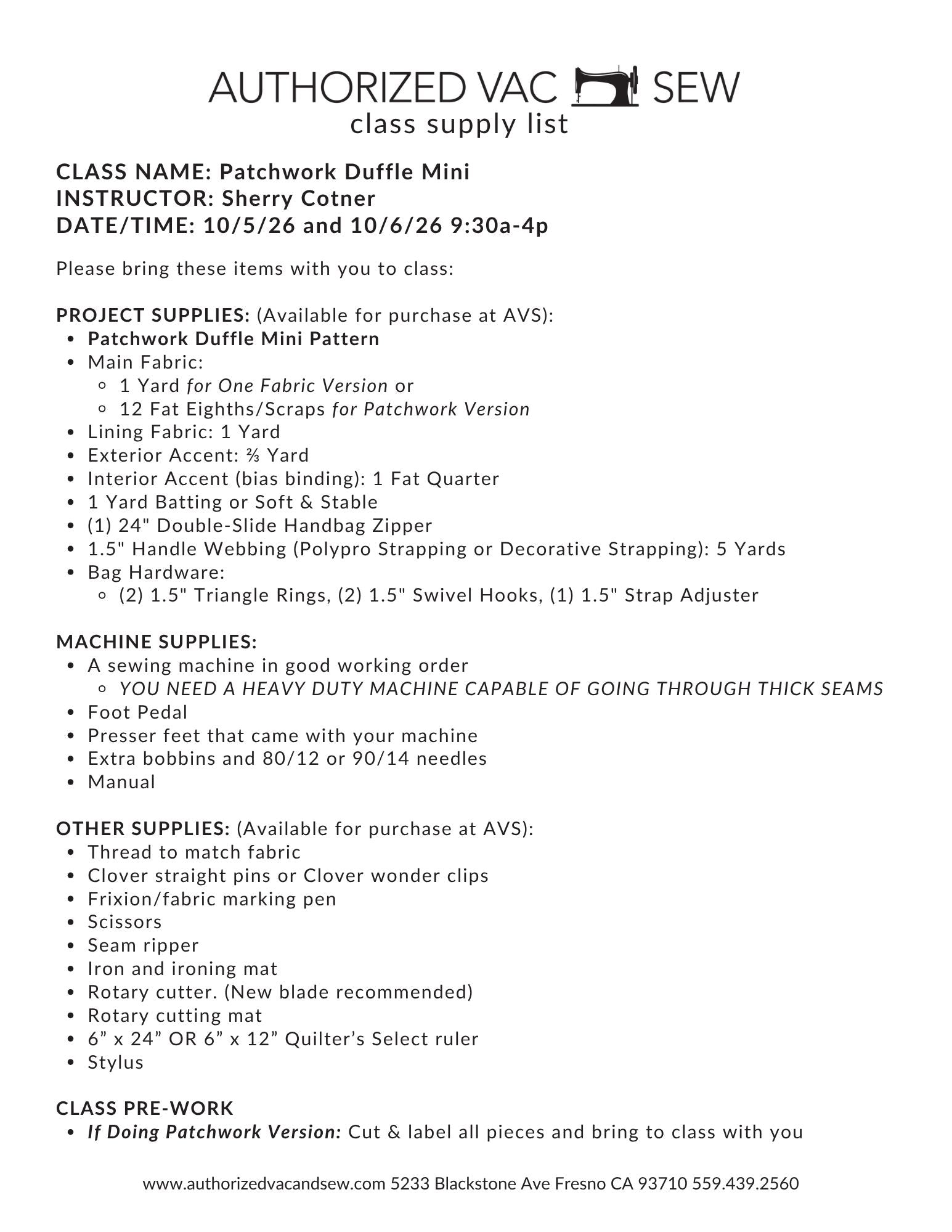 Patchwork Duffle Mini 10/5/26 and 10/6/26 9:30a-4p