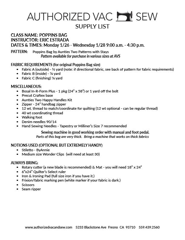 Poppins Bag 1/26/26, 1/27/26 and 1/28/26 9:30a - 4p