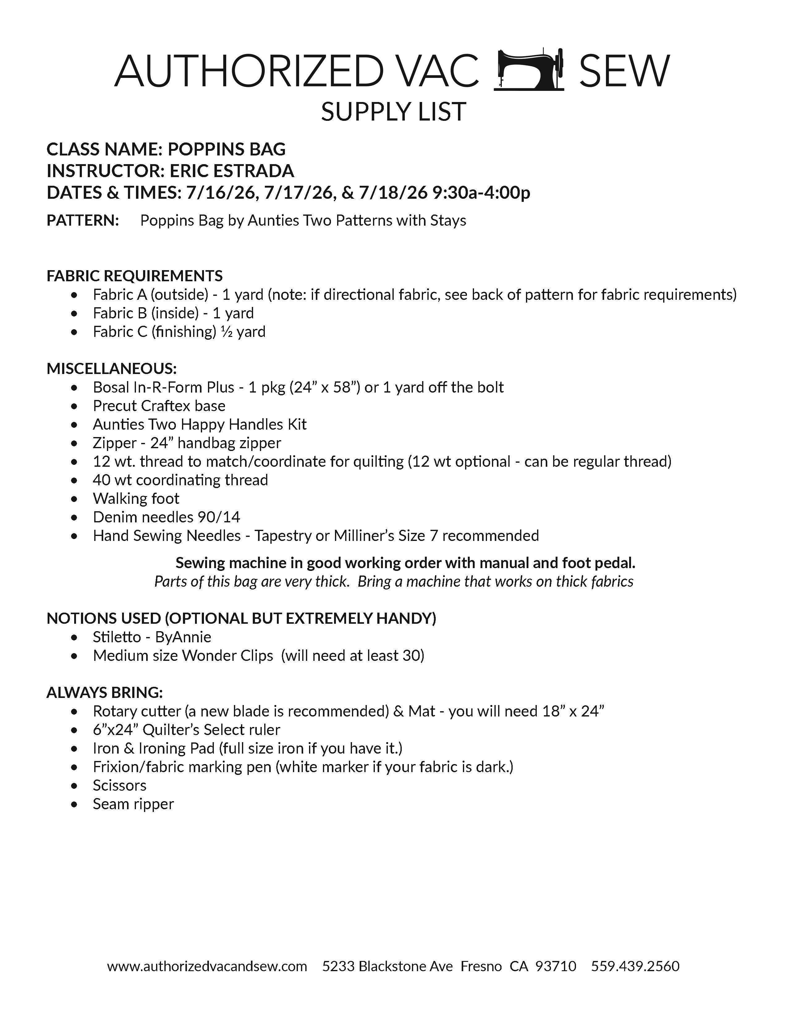 Pop-Up Poppins Bag Workshop 7/16/26, 7/17/26, and 7/18/26 9:30a - 4p