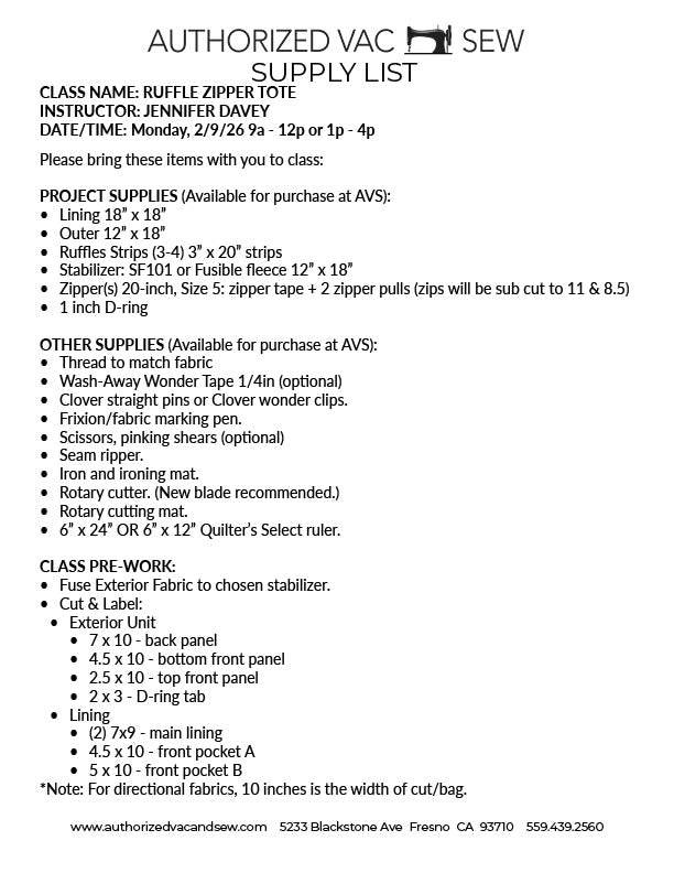 Ruffle Zipper Tote 2/9/26 1:00 p.m. - 4:00 p.m.