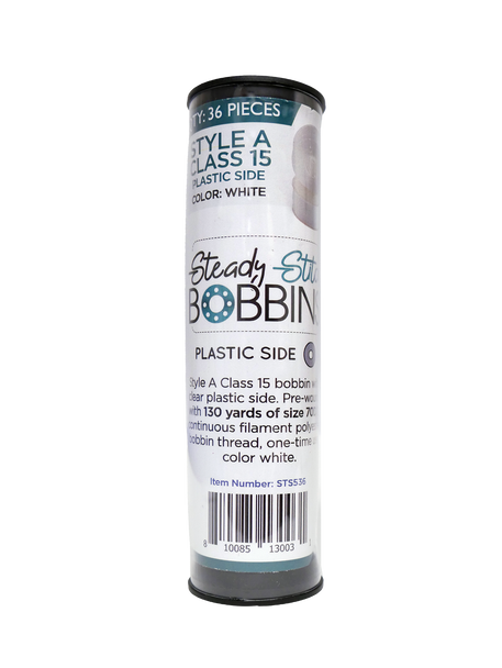 Steady Stitch Style A Class 15 Plastic Sides Polyester Prewound Bobbins - White(36/tube)