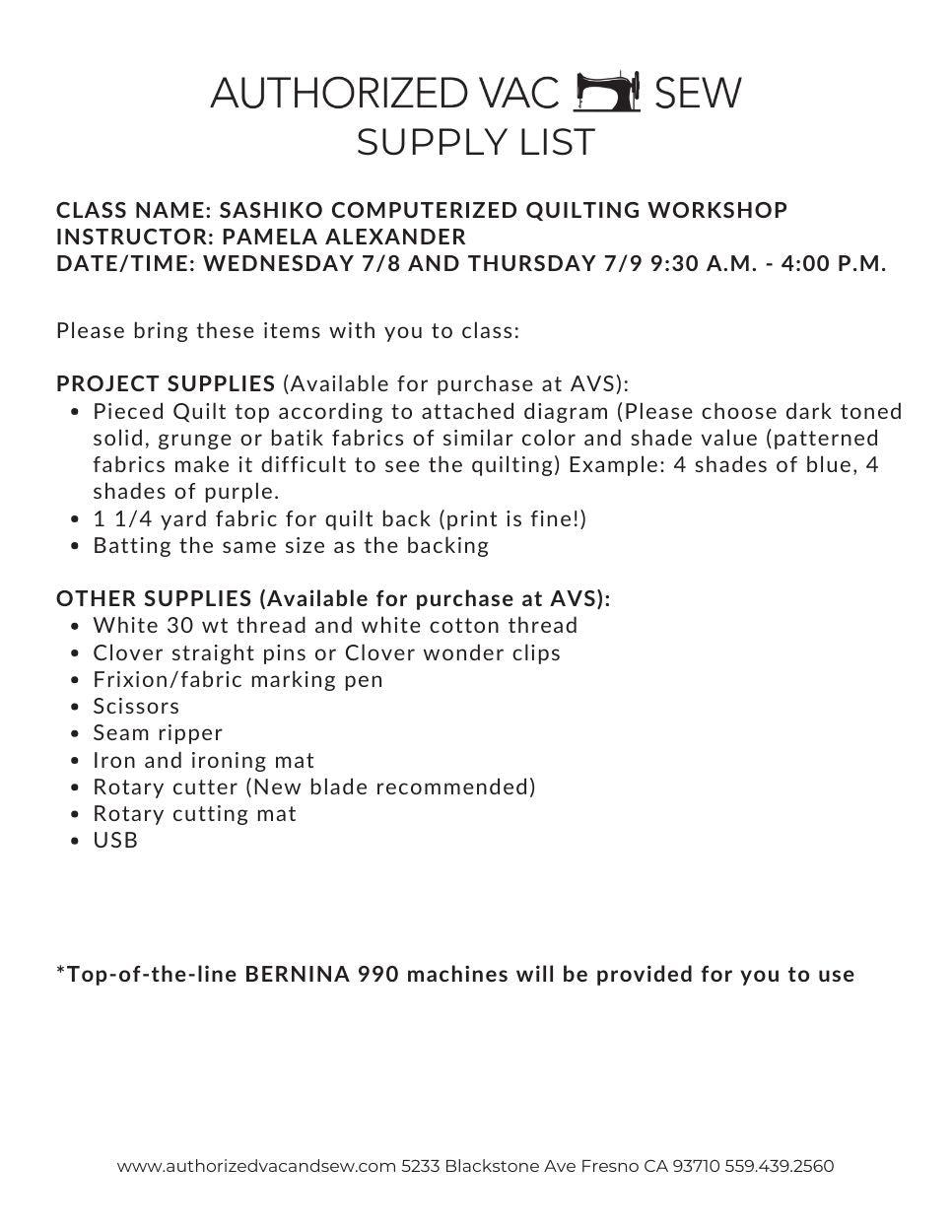 Sashiko Quilting Workshop on the 990 7/8/26 and 7/9/26 9:30a - 4p