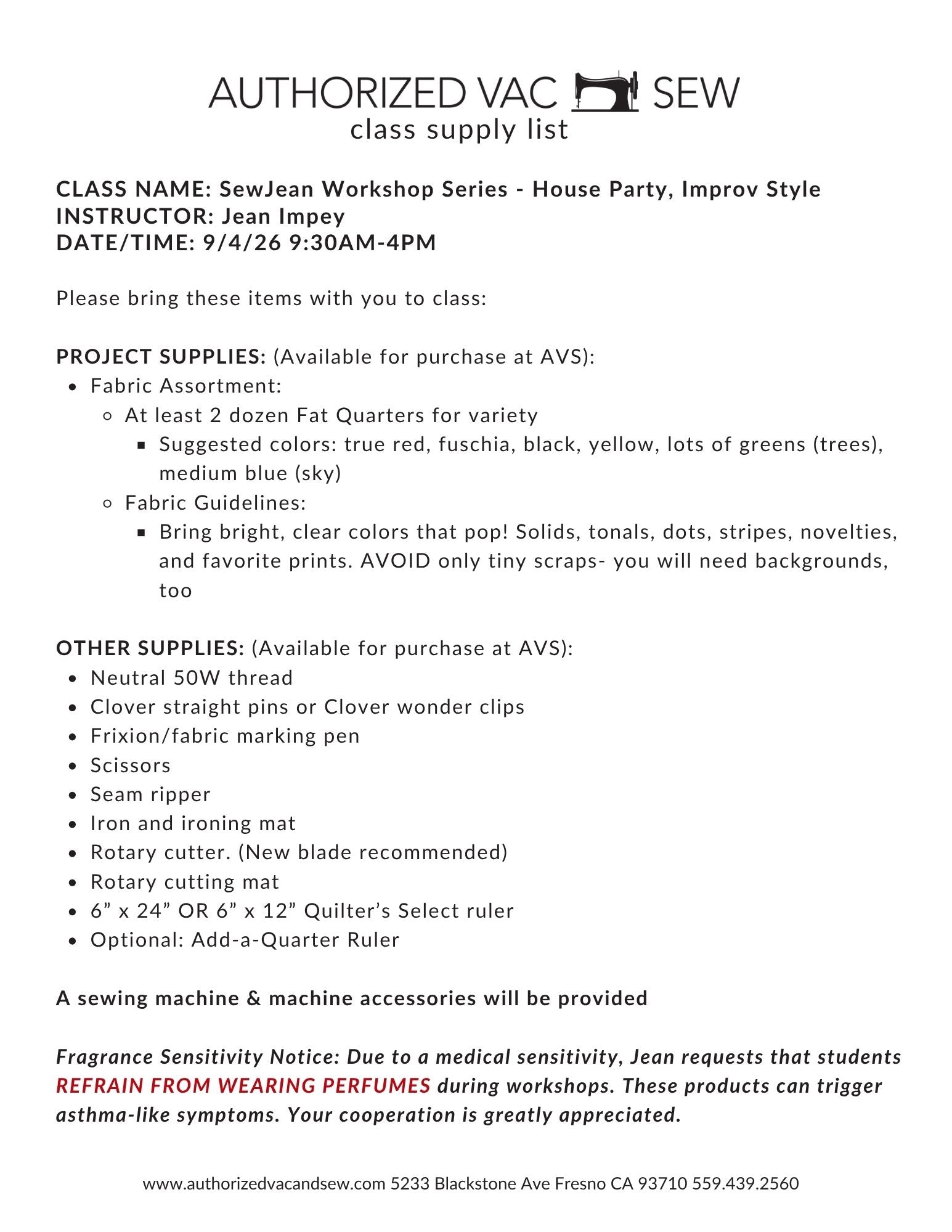 SewJean Workshop Series: House Party, Improv Style 9/4/26 9:30a-4p