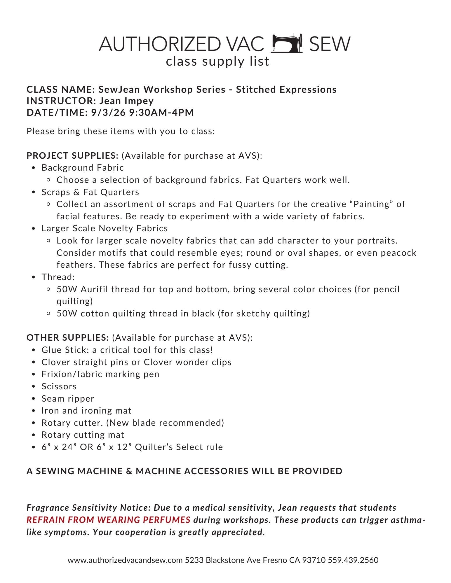 SewJean Workshop Series: Stitched Expressions 9/3/26 9:30a-4p