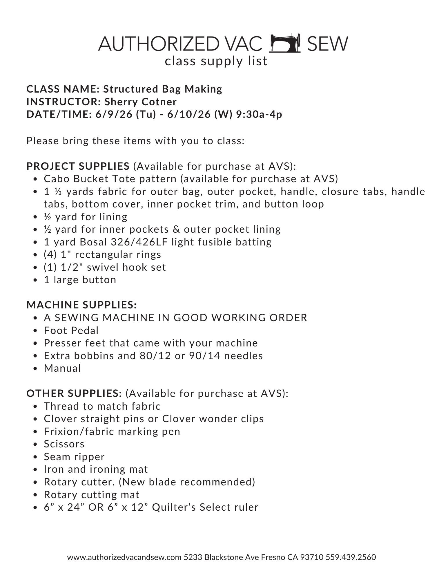 Structured Bag Making 6/9/26 and 6/10/26 9:30a-4p
