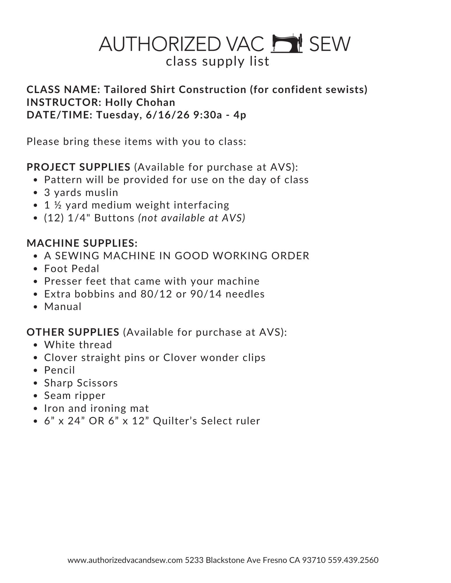 Tailored Shirt Construction 6/16/26 9:30a - 4p
