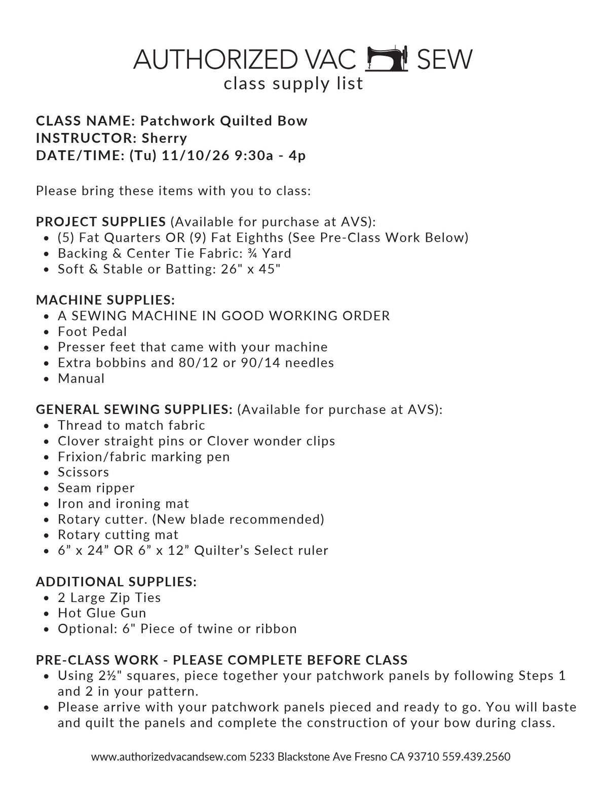 Patchwork Quilted Bow 11/10/26 9:30a-4p